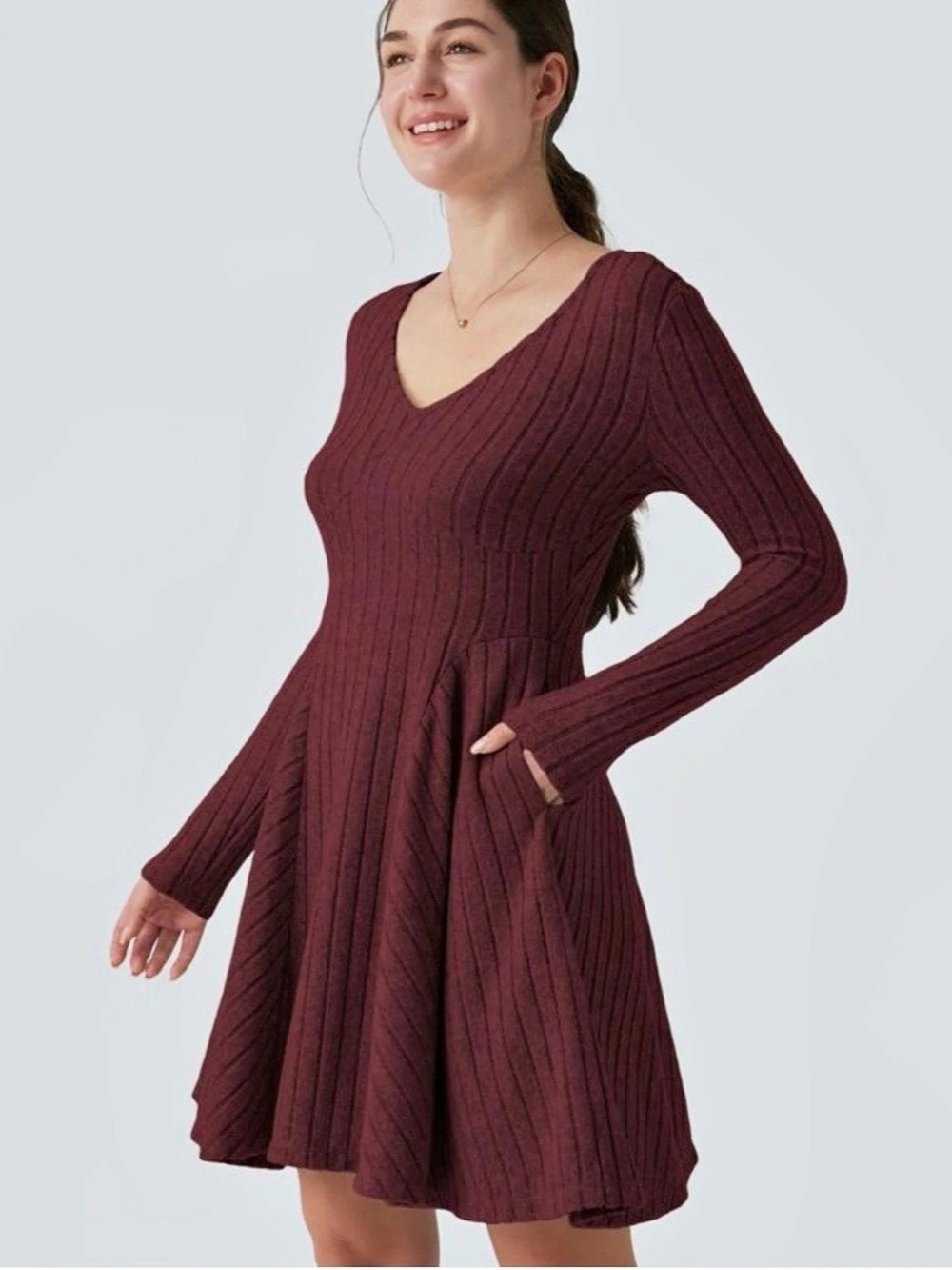 NWT Halara Ribbed Knit VNeck Long Sleeve Flare Mini Dress Pockets Burgundy Large